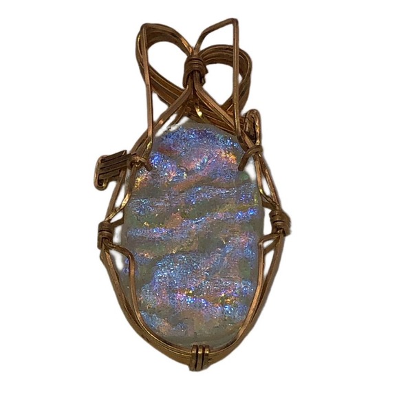 Gold Wire Wrapped Oval MOP Mother Of Pearl Dichroic Glass Pendant Necklace Charm - Picture 2 of 7